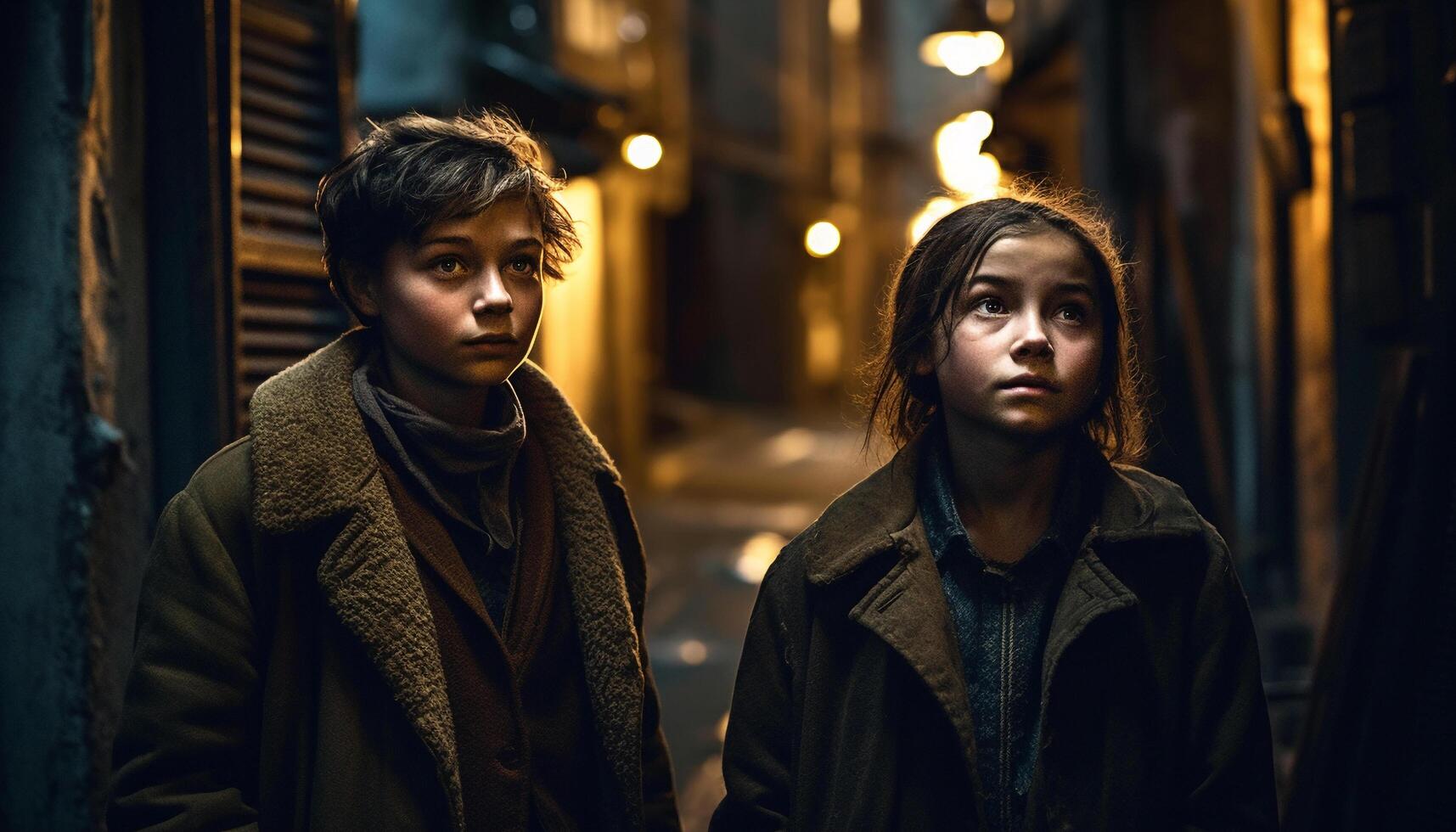 A young couple embracing in the dark, looking at camera generated by AI photo