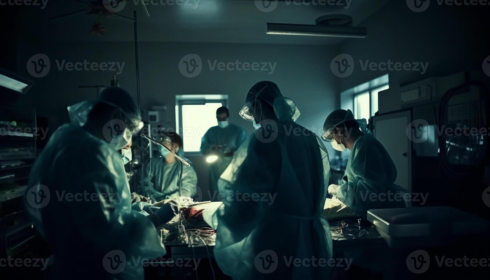A team of skilled surgeons in protective workwear operating indoors generated by AI photo