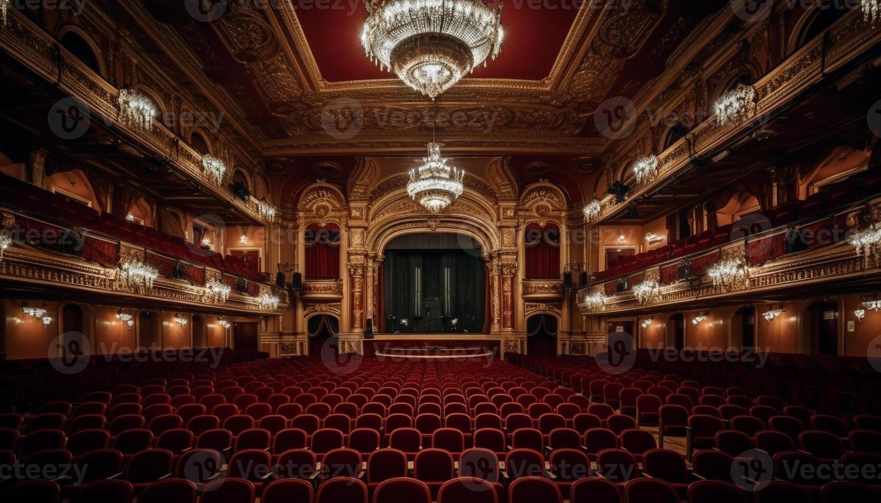 The elegant auditorium velvet chairs were illuminated for the performance generated by AI photo