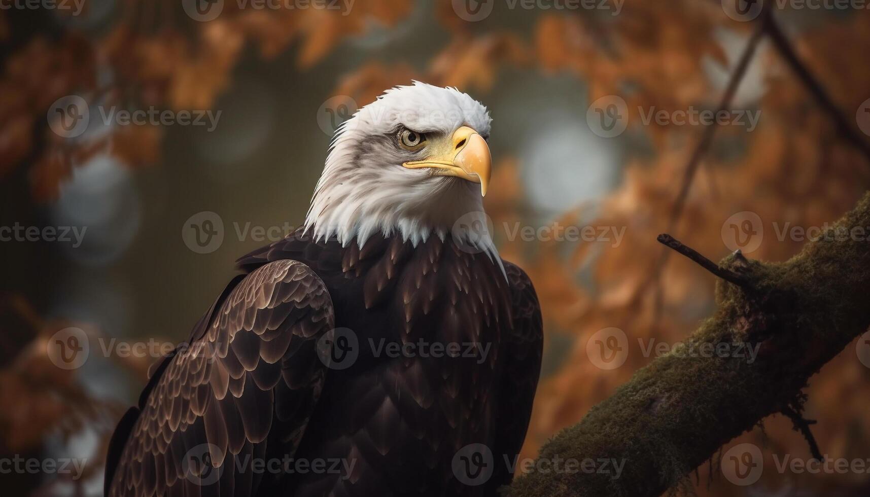 Majestic bald eagle perching on branch, symbol of American patriotism generated by AI photo