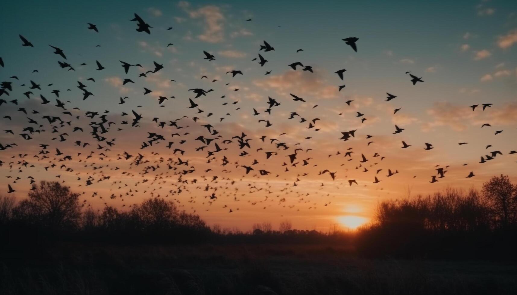 Silhouette of seagull flying mid air in glowing sunset sky generated by AI photo