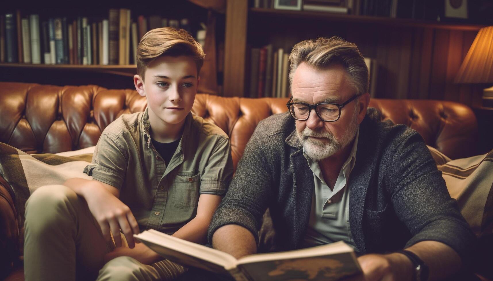 Father and son bond over literature in cozy living room generated by AI photo