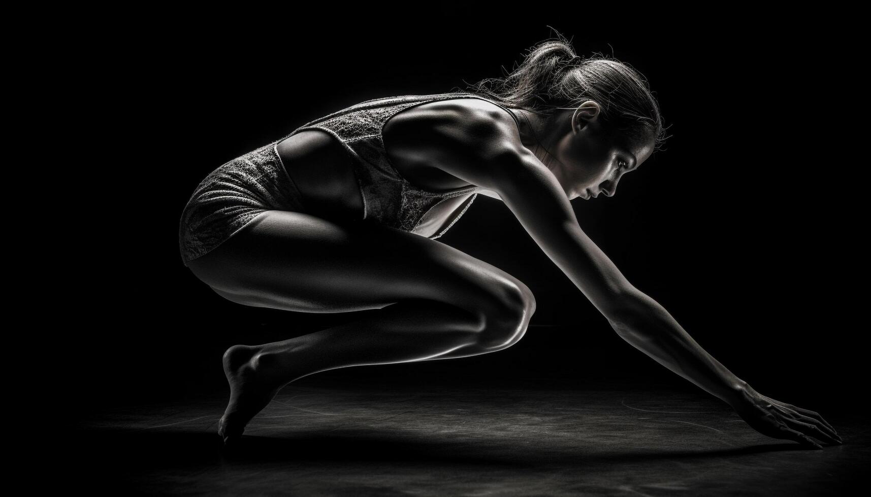 uno determinado mujer practicando yoga, exhibiendo su muscular construir generado por ai foto