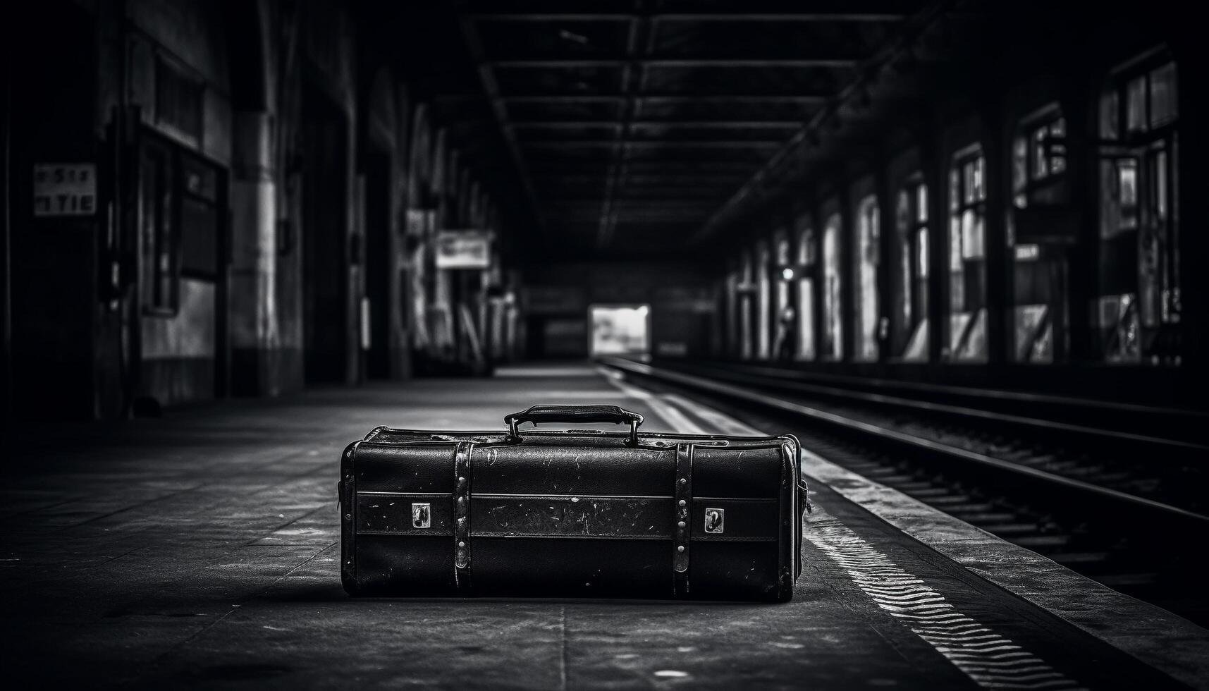 Abandoned luggage on old fashioned railroad station platform, leaving for journey generated by AI photo