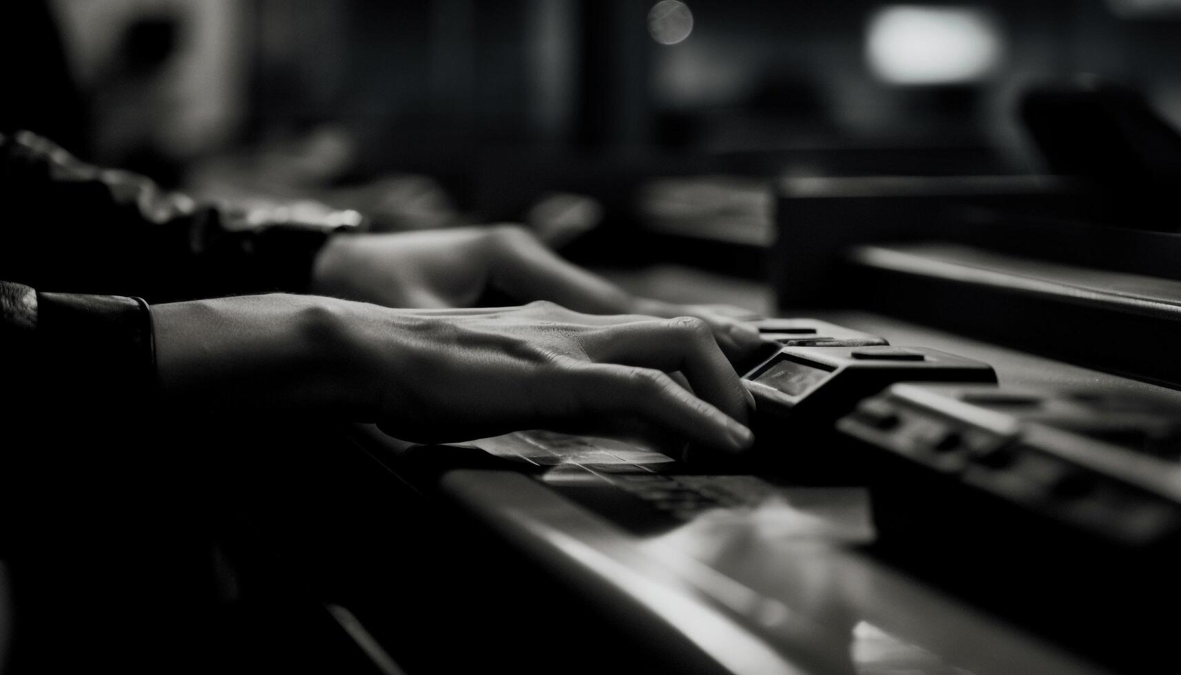 The pianist skilled hand plays a monochrome chord indoors generated by AI photo