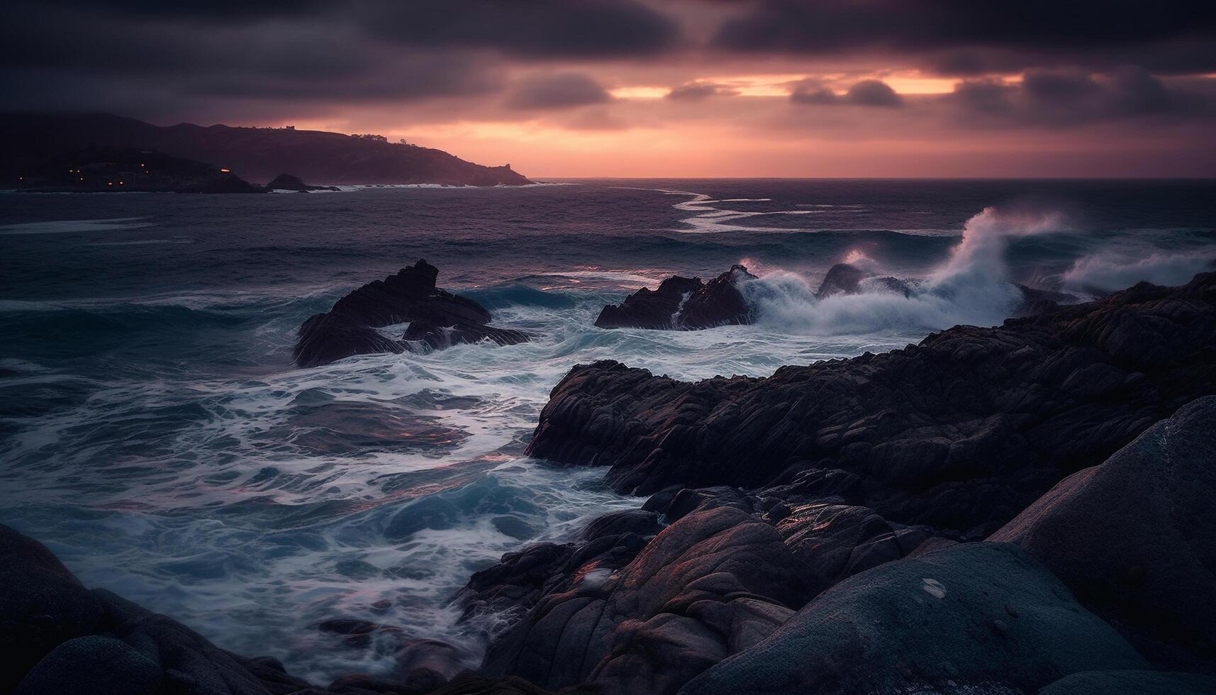 Breaking waves spray majestic coastline at idyllic travel destination generated by AI photo
