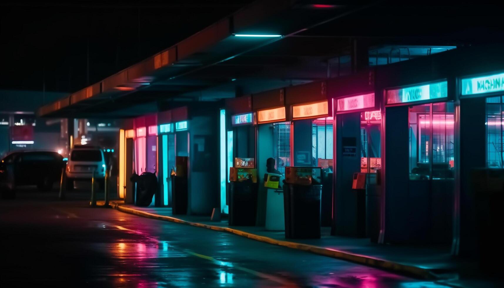 Passengers wait for public transportation in bright, modern city streets generated by AI photo