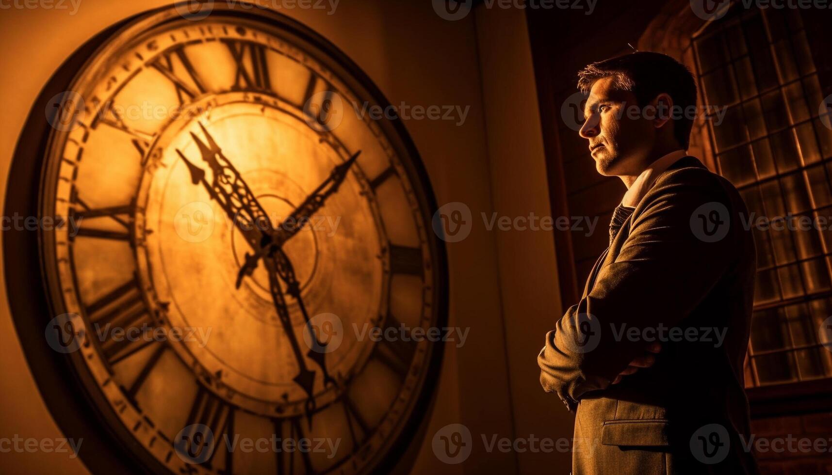 Successful businessman waiting for midnight deadline, checking antique clock generated by AI photo