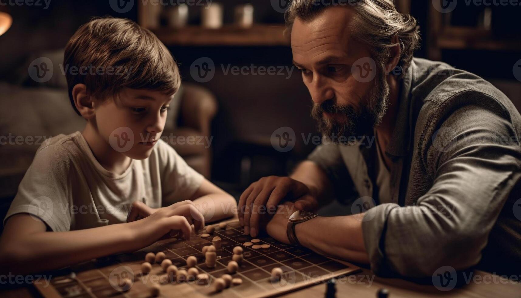 Father and son bonding over board game, enjoying leisure activity generated by AI photo