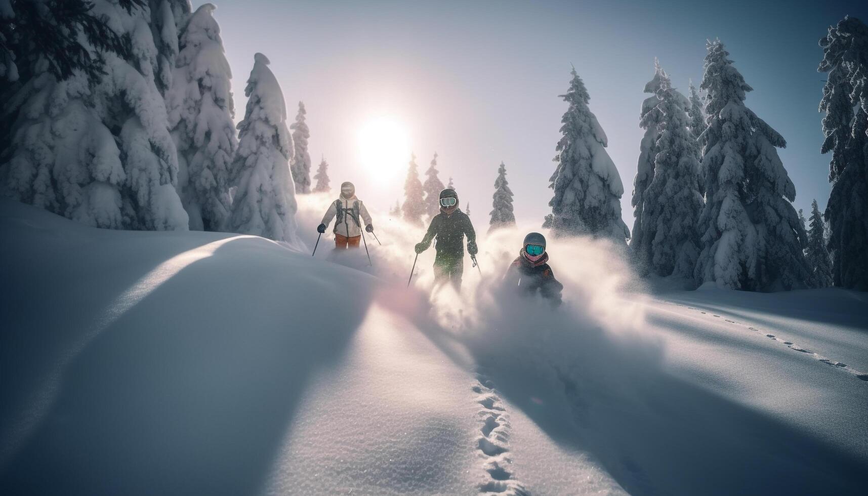 Two men riding powder snow on mountain slope, winter adventure generated by AI photo