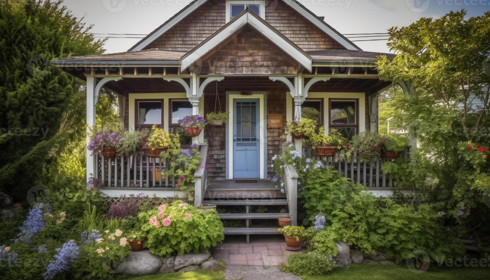 Rustic cottage with formal garden, luxury porch, and modern staircase generated by AI photo