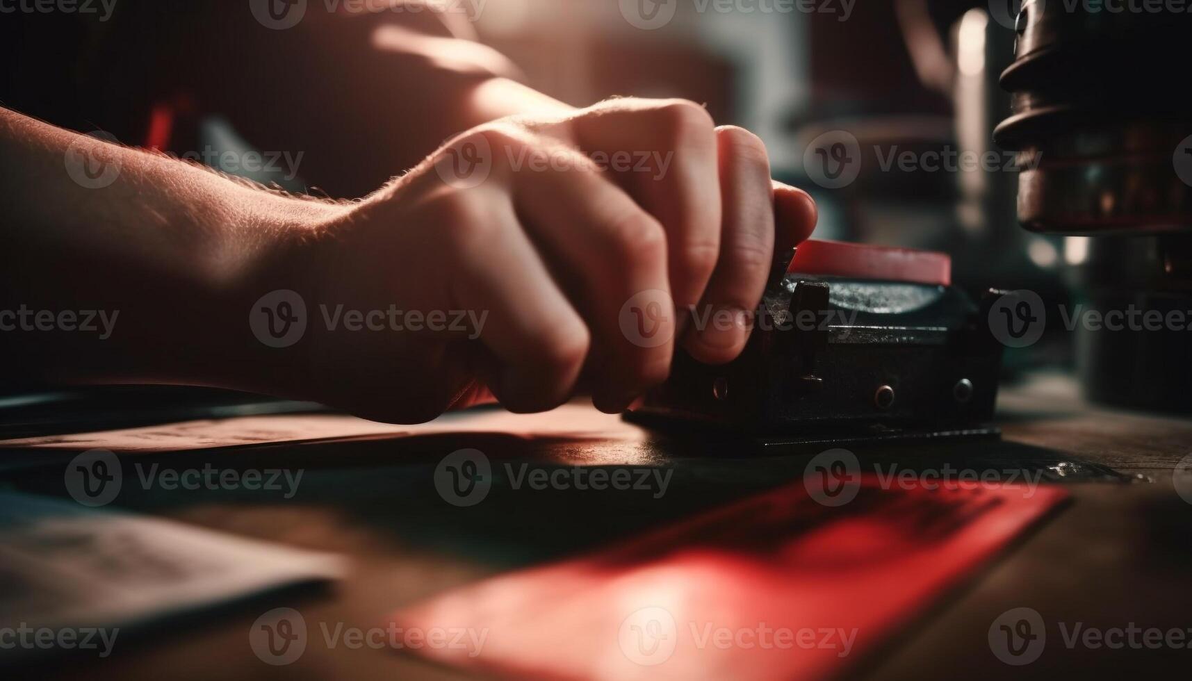 Craftsperson repairing old fashioned machinery with skill and creativity indoors generated by AI photo