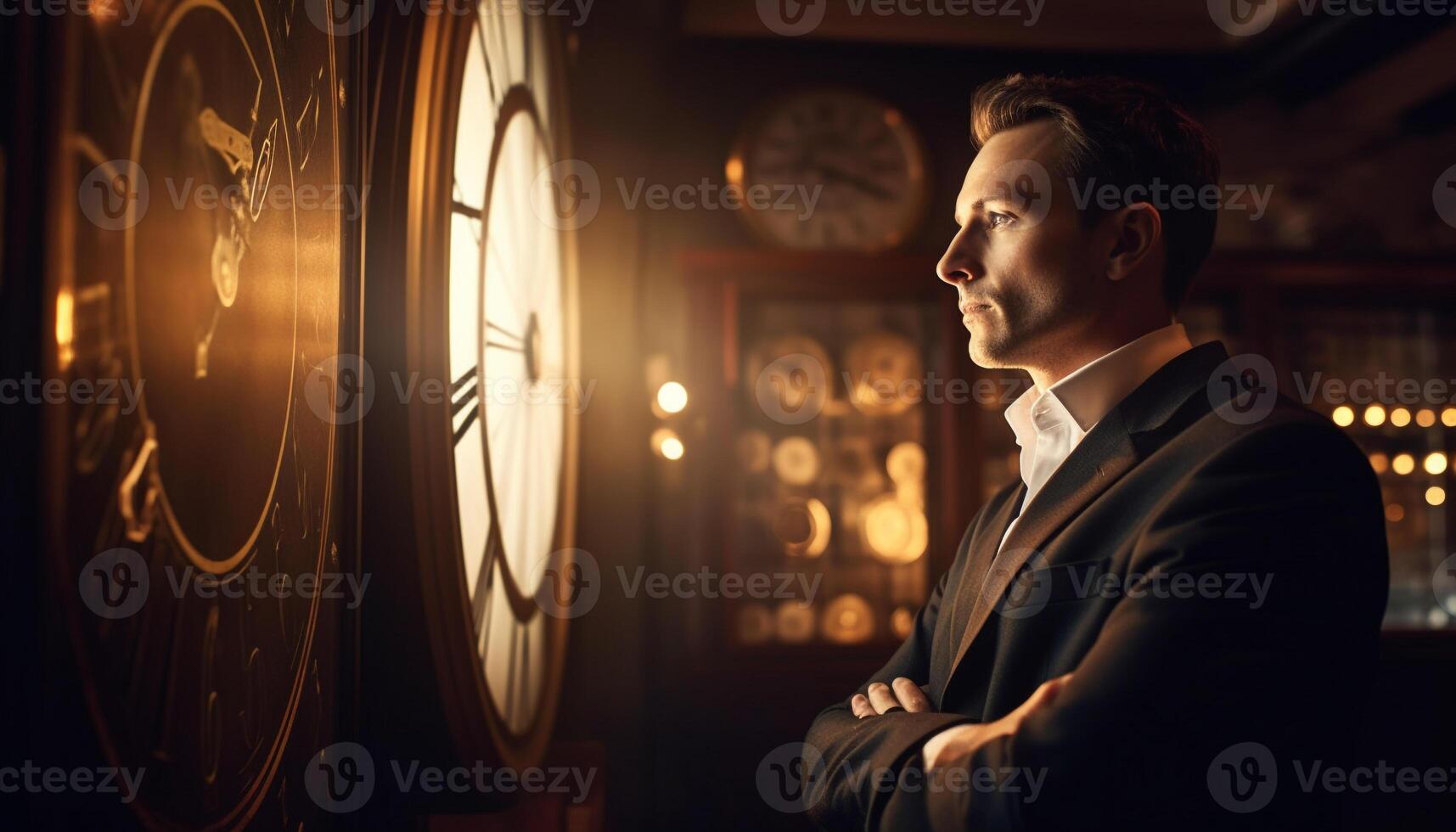 Confident businessman in suit standing at night, holding watch generated by AI photo