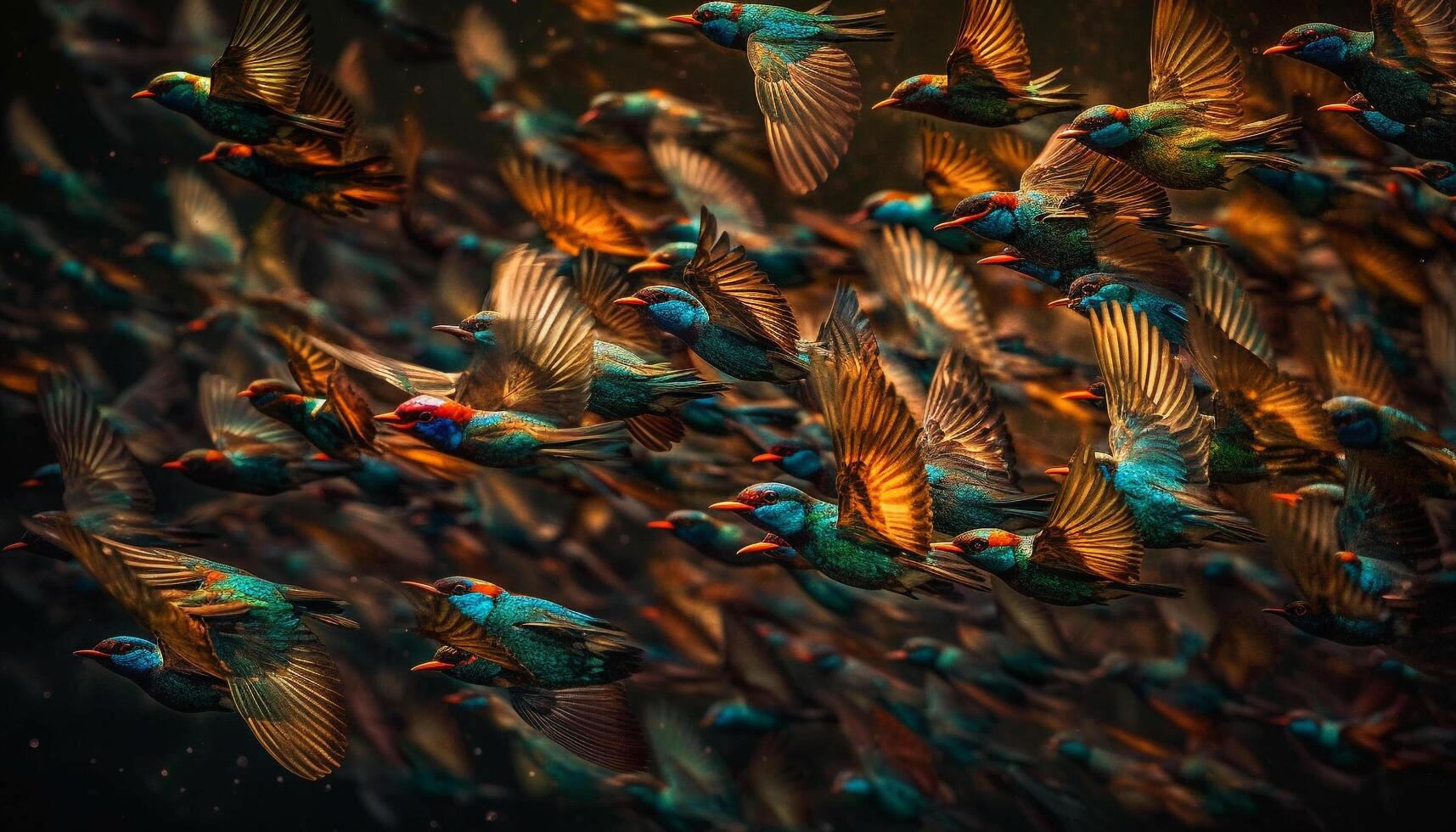 Vibrant colors of flying birds showcase natural beauty in motion generated by AI photo