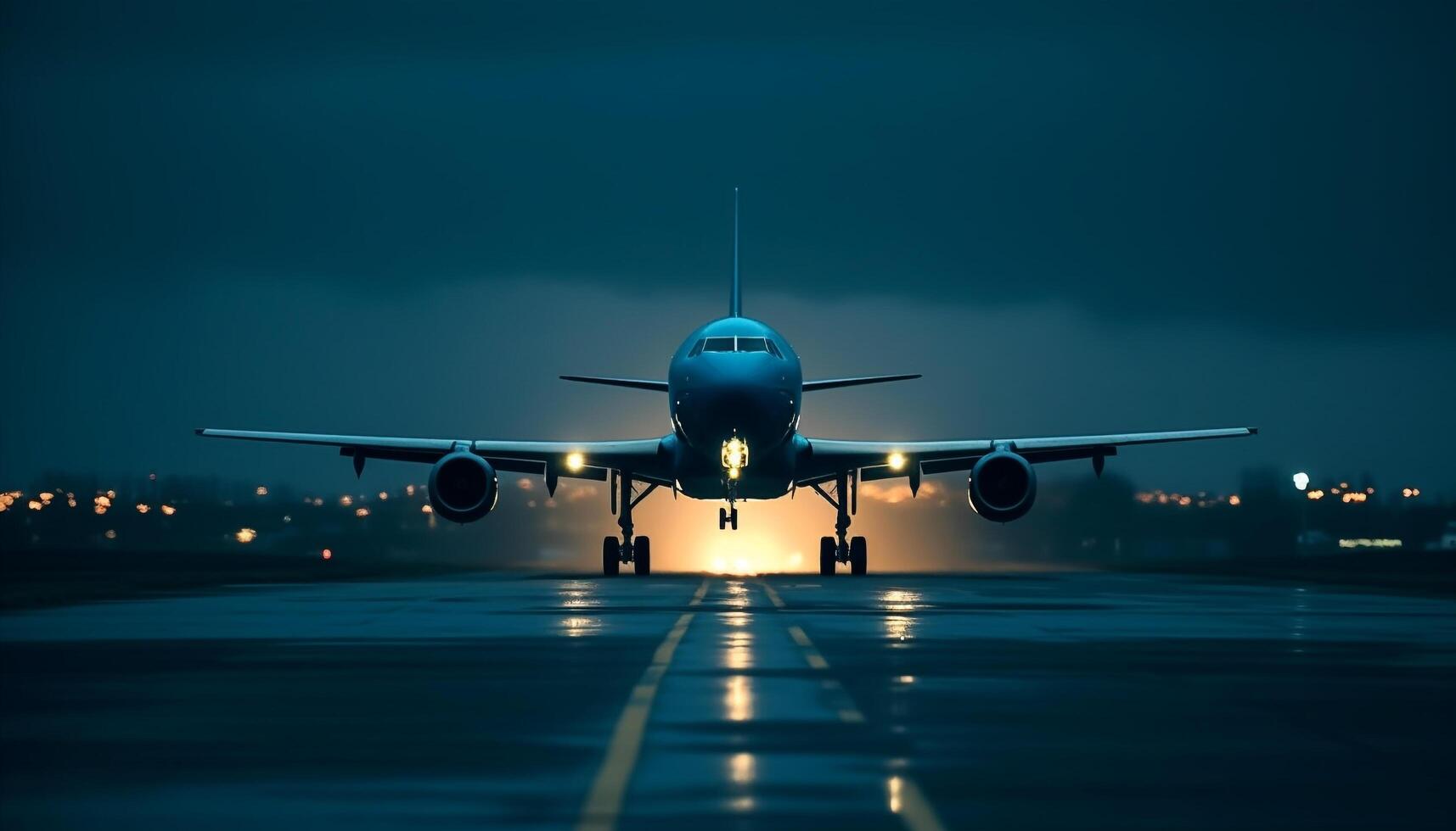 A commercial airplane taking off at dusk, illuminated by technology generated by AI photo