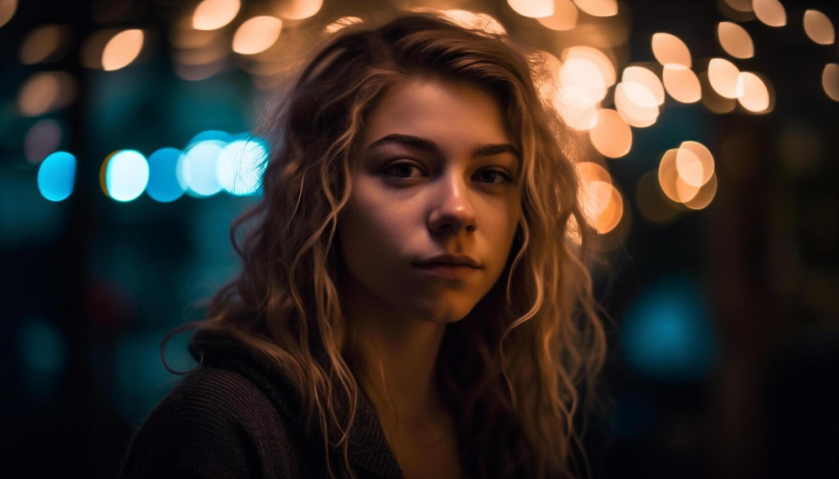 One young adult woman, illuminated by street light, looking beautiful generated by AI photo