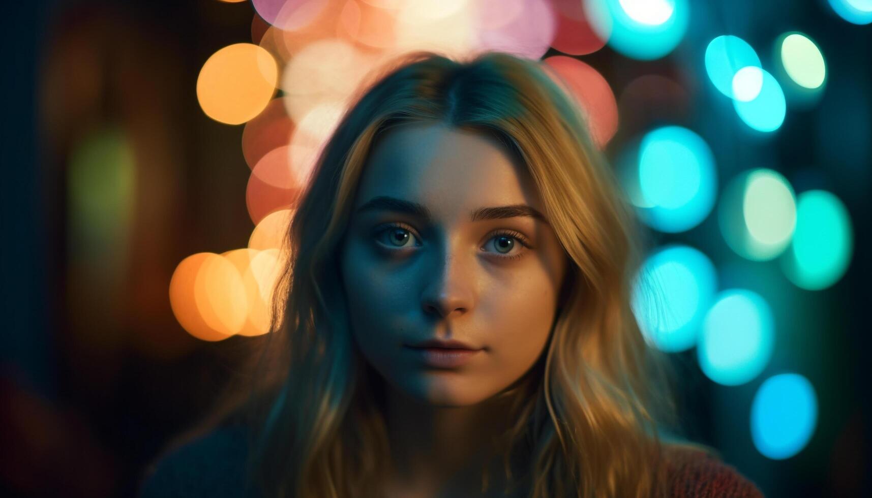 A young woman smiles, illuminated by Christmas lights, looking festive generated by AI photo