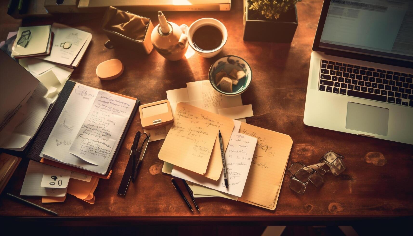 Modern office chaos laptop, paper, pen, coffee, teamwork, creativity generated by AI photo