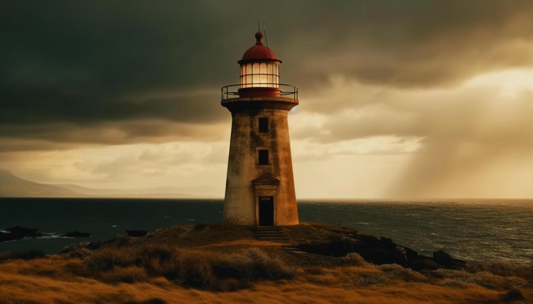The beacon guidance illuminates the dangerous coastline at dusk generated by AI photo