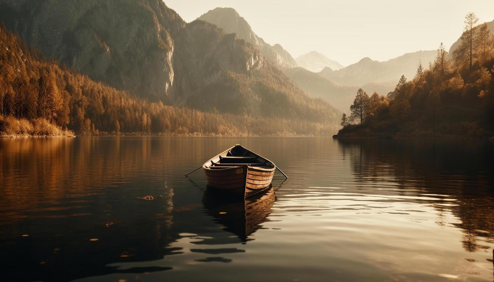 A tranquil scene of a rowboat on a foggy lake generated by AI photo