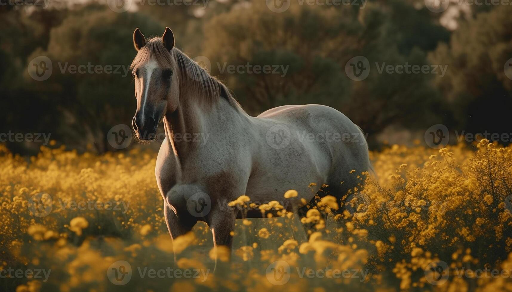 Thoroughbred stallion running free in tranquil meadow at sunset generated by AI photo