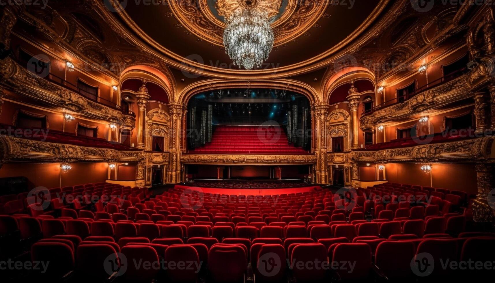 The empty auditorium velvet chairs await the theatrical performance fame generated by AI photo