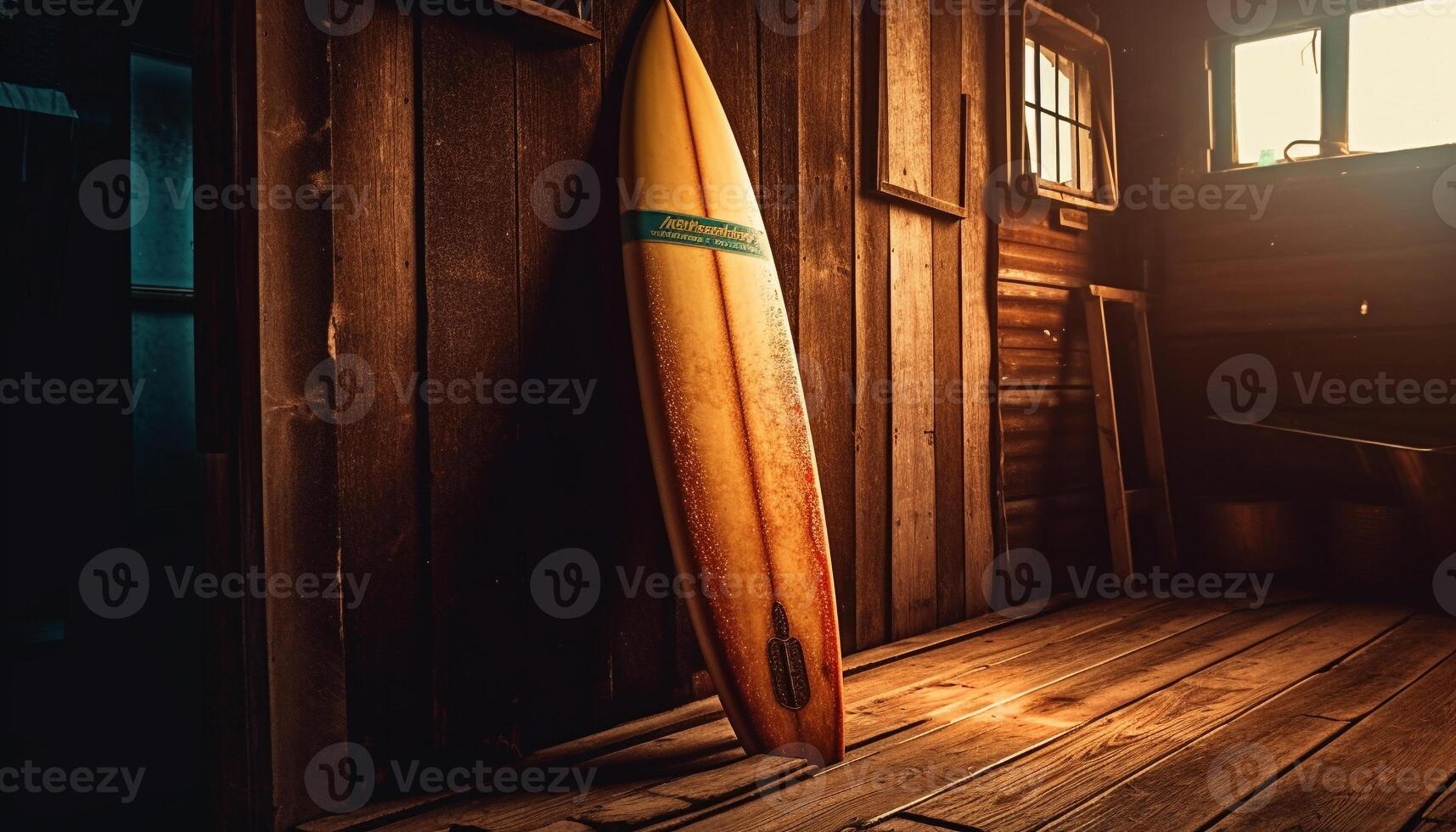 Rustic surfboard leans against old plank in abandoned nautical hut generated by AI photo