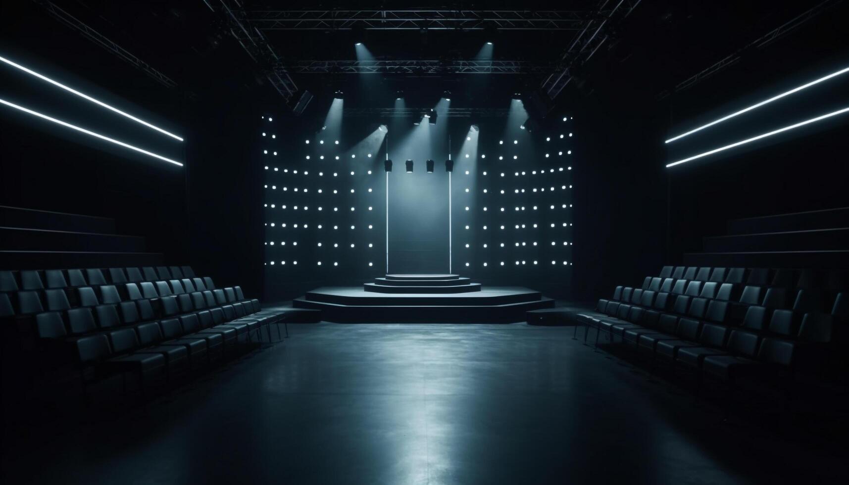 Modern auditorium with bright blue backdrop and glowing electric lamps generated by AI photo