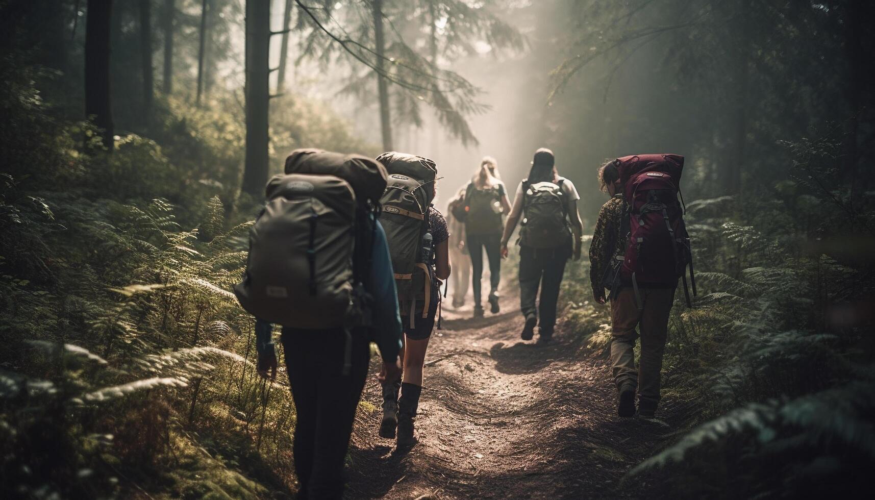 A group of backpackers hiking through the foggy mountain terrain generated by AI photo