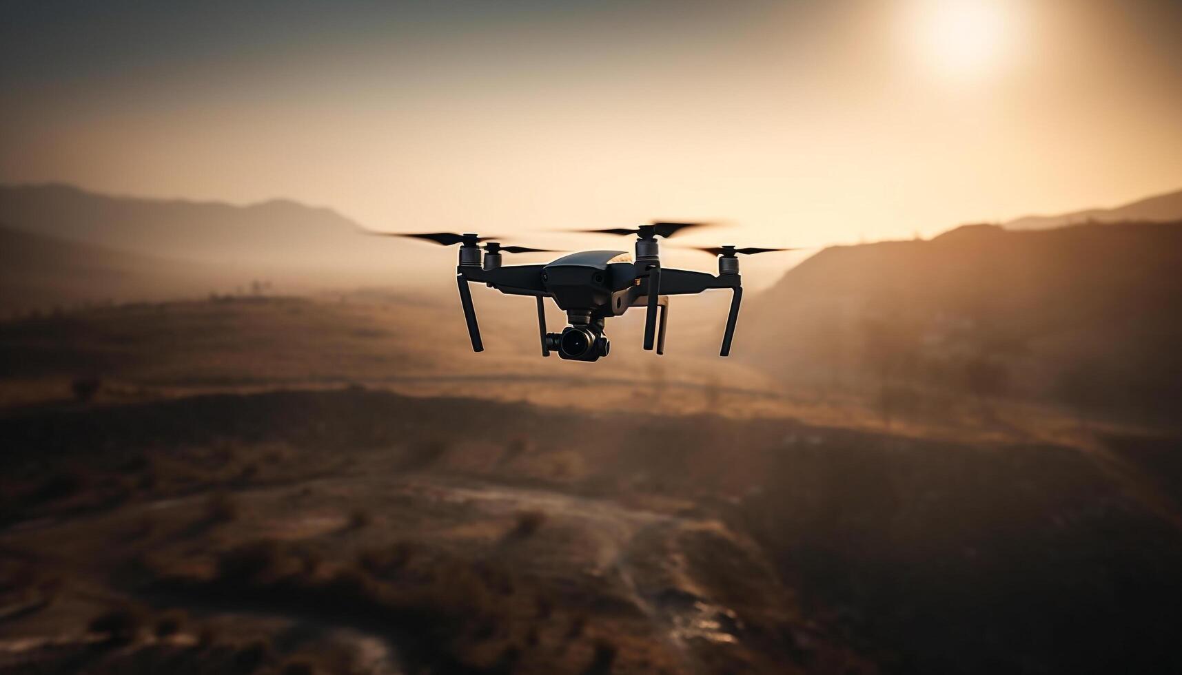 Remote controlled drone captures aerial view of mountain at sunset generated by AI photo