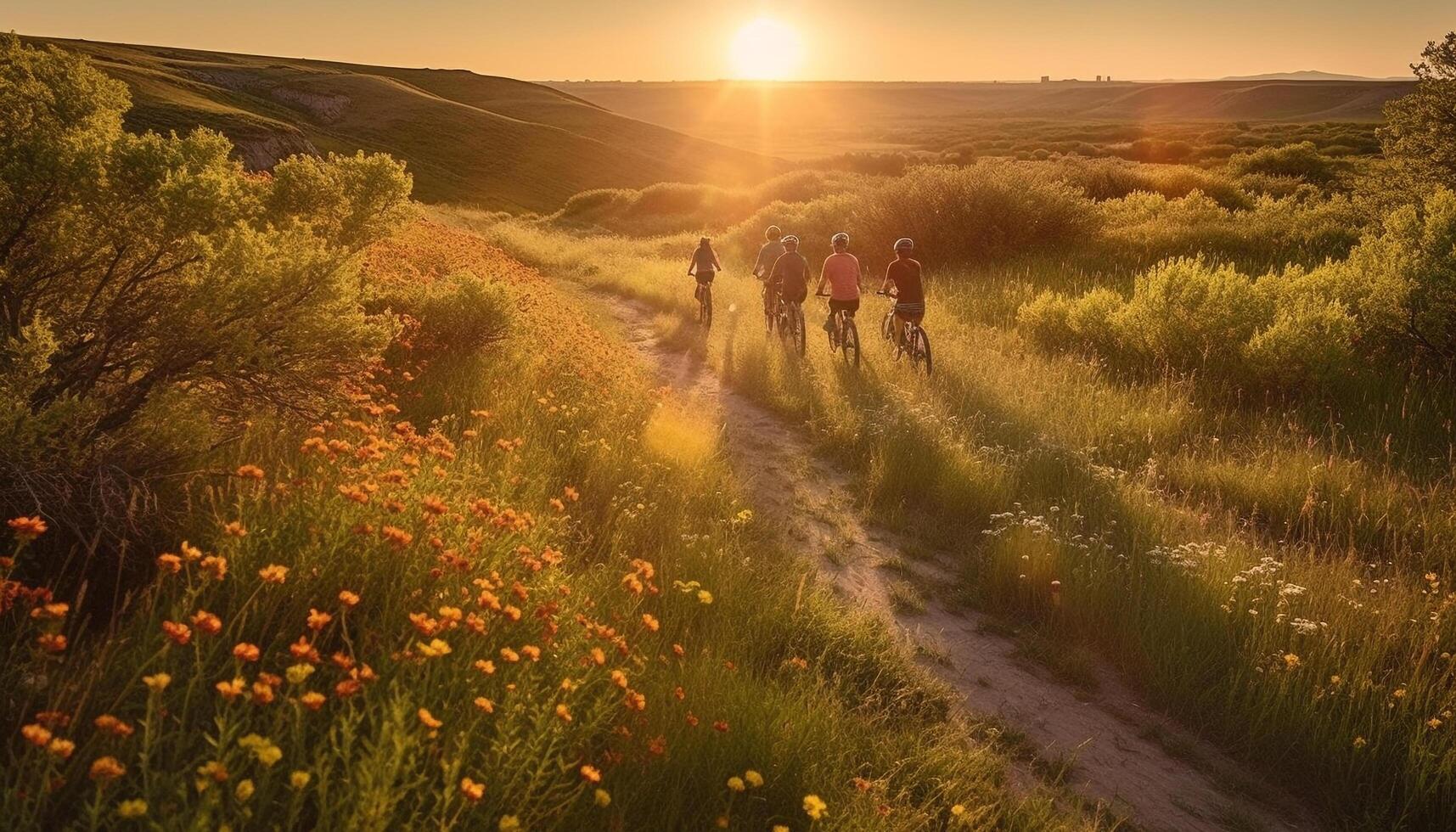 Men and women hiking, walking, and exploring nature beauty together generated by AI photo