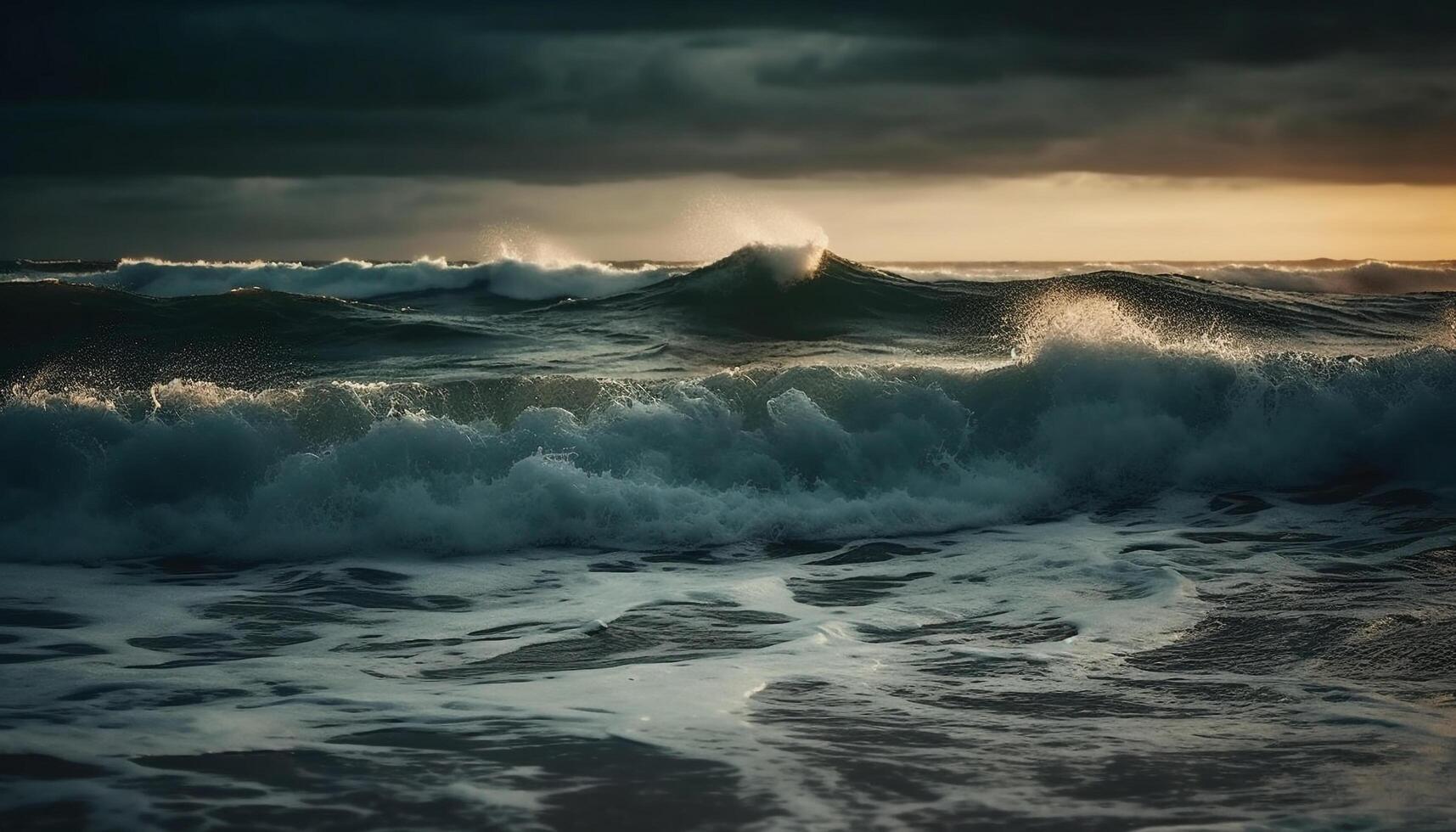 The dramatic sky at dusk creates an awe inspiring seascape generated by AI photo