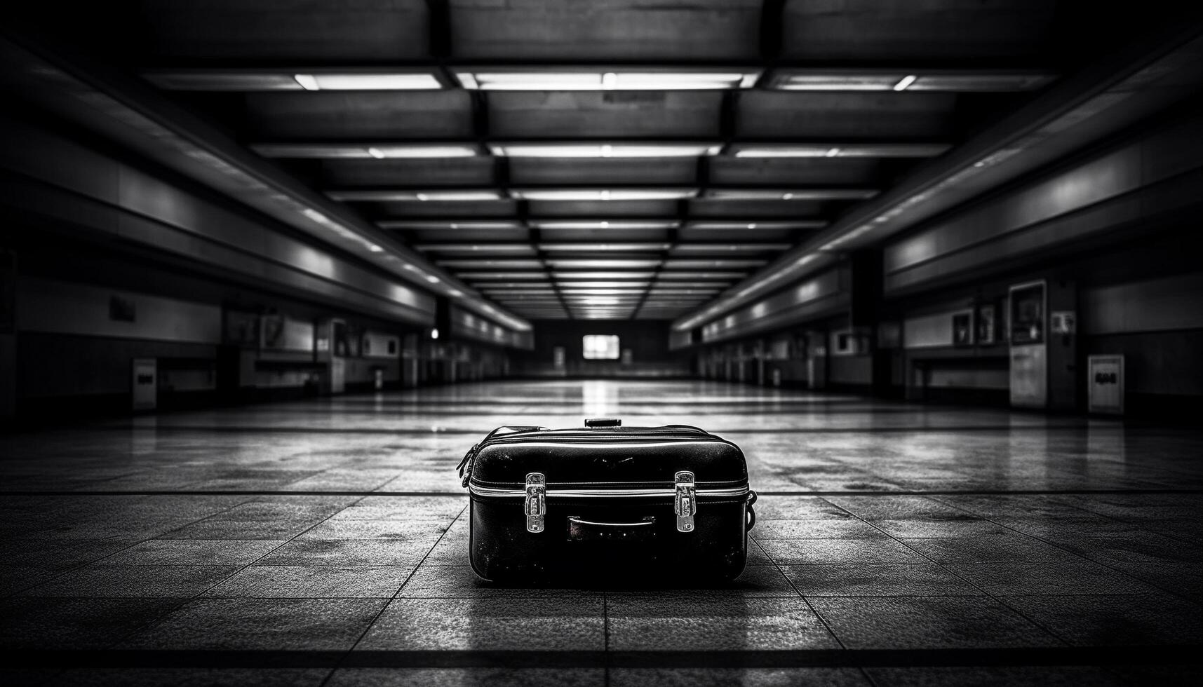 Abandoned luggage vanishing into the futuristic underground entrance hall generated by AI photo
