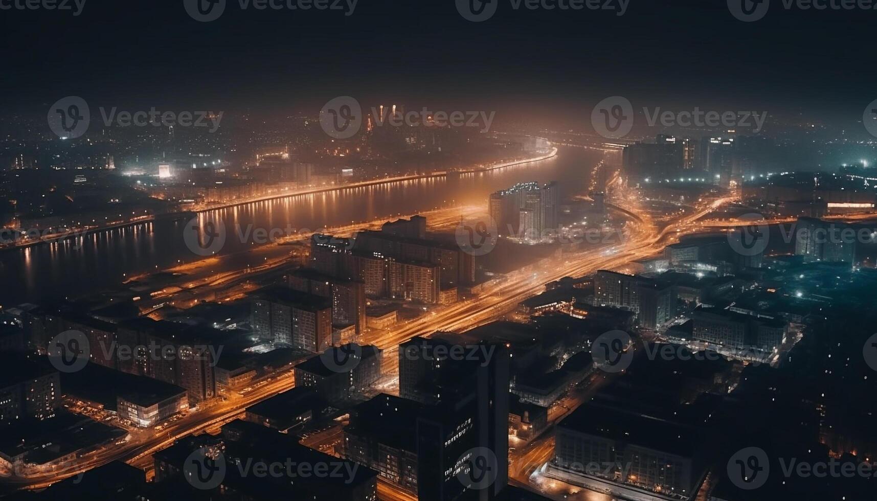 City skyline illuminated by traffic, a modern urban landscape generated by AI photo