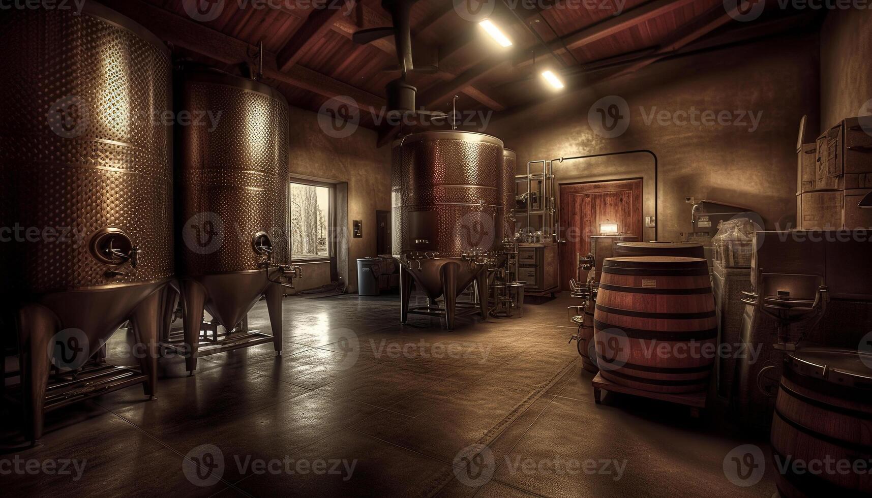 Old fashioned whiskey barrels line the dark distillery storage room generated by AI photo