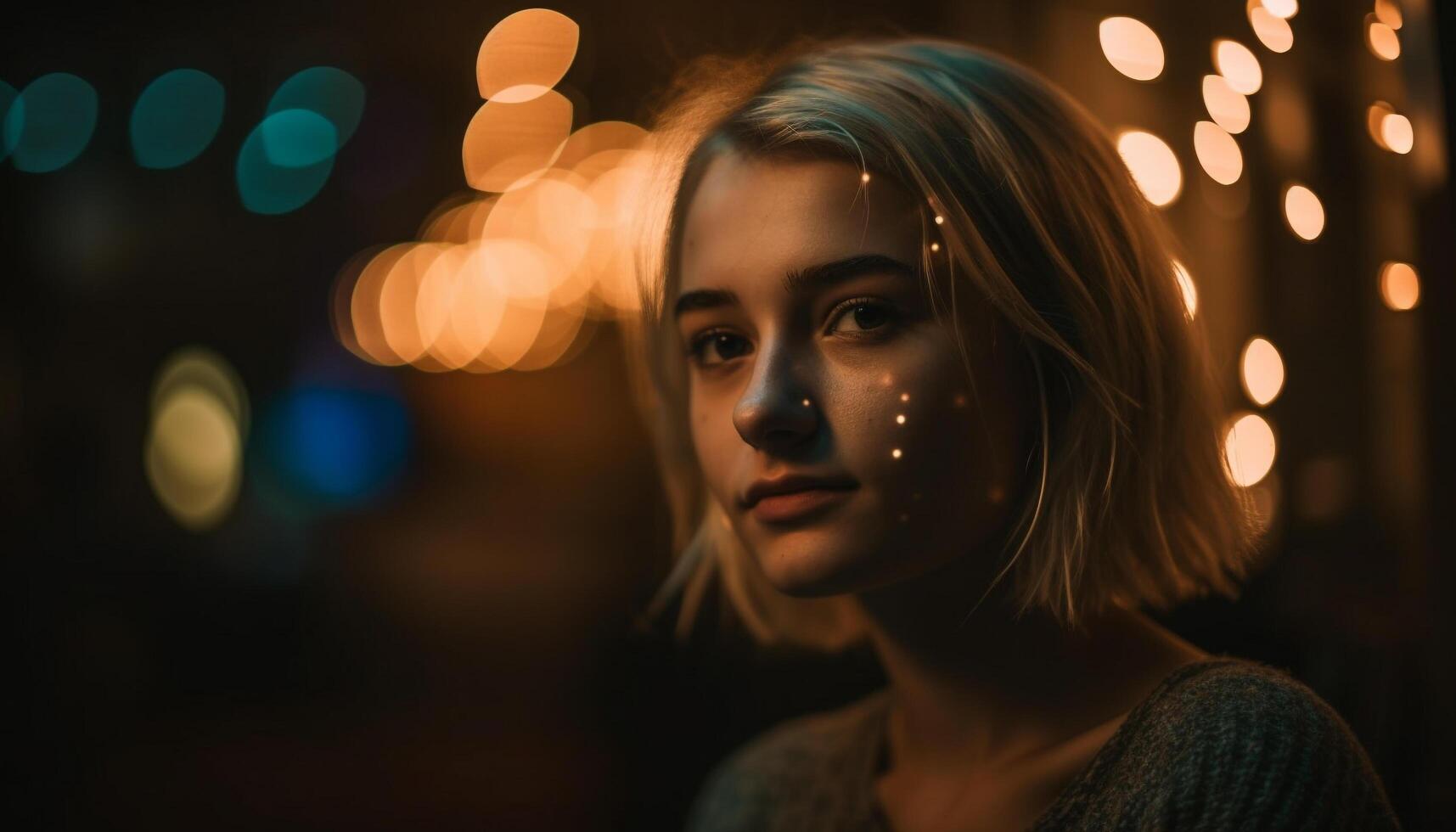 One young adult woman smiling, looking at camera, illuminated beauty generated by AI photo