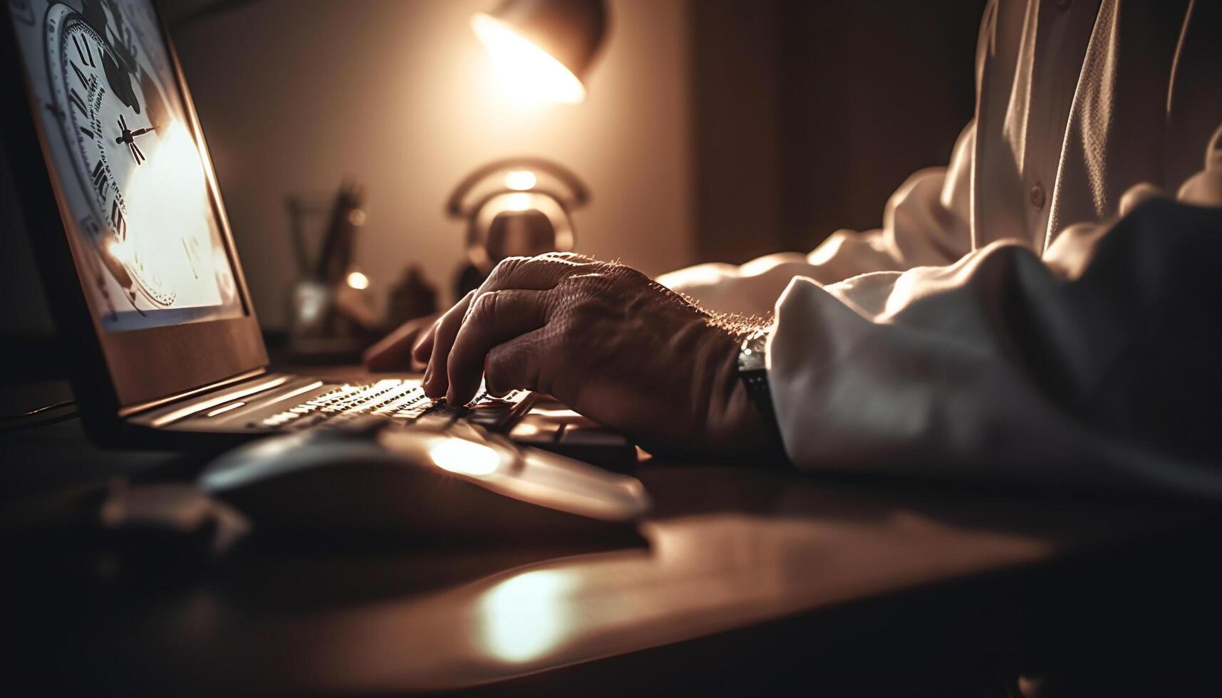 Busy businessman working late, using computer equipment and surfing data generated by AI photo