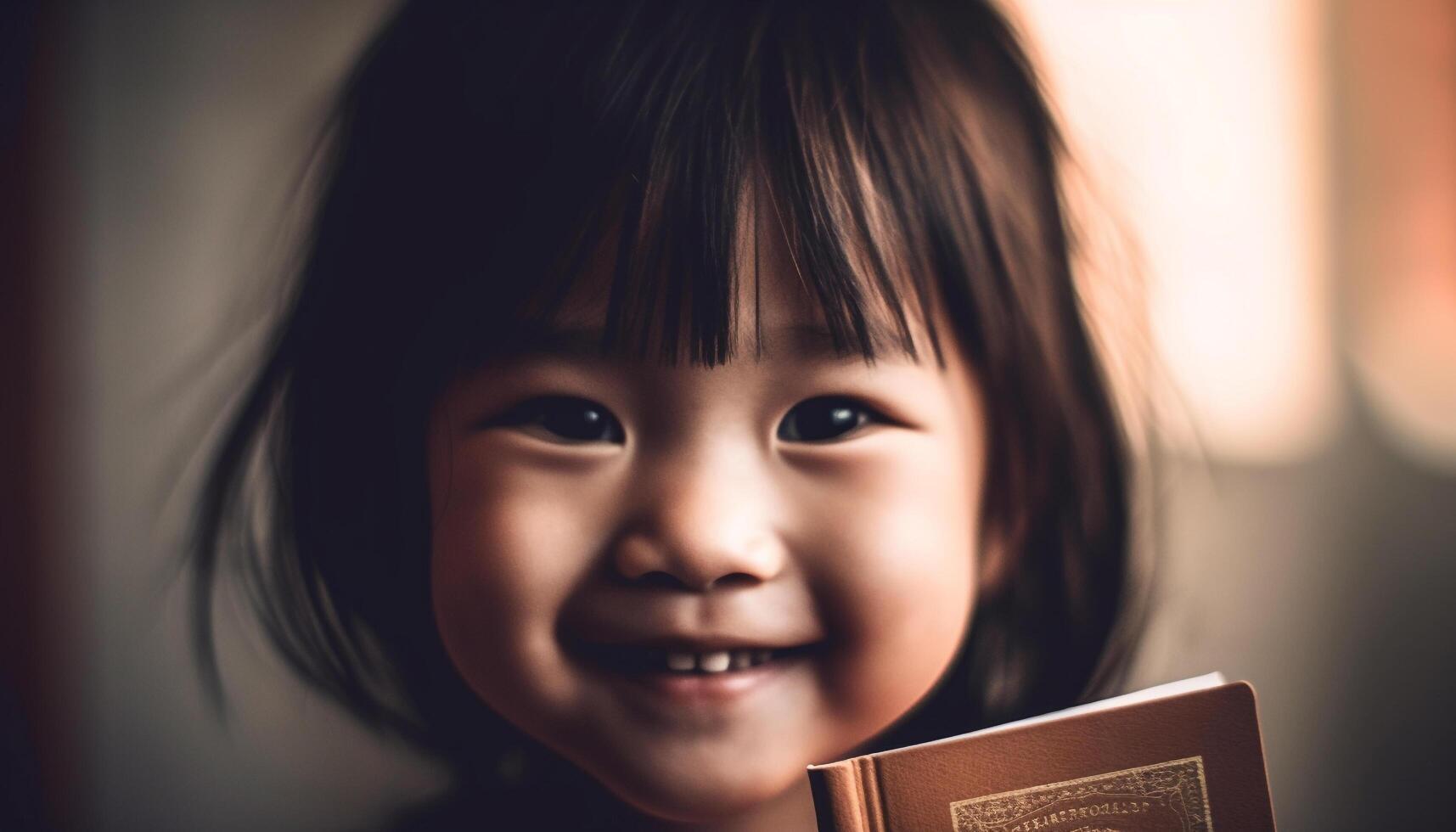 A cute smiling girl holds a Bible, learning spirituality indoors generated by AI photo