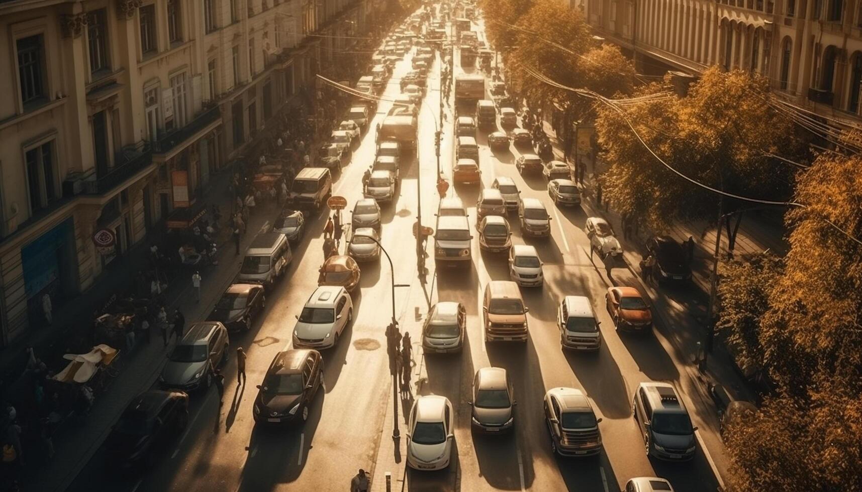Rush hour traffic jam on multiple lane highway, cityscape illuminated