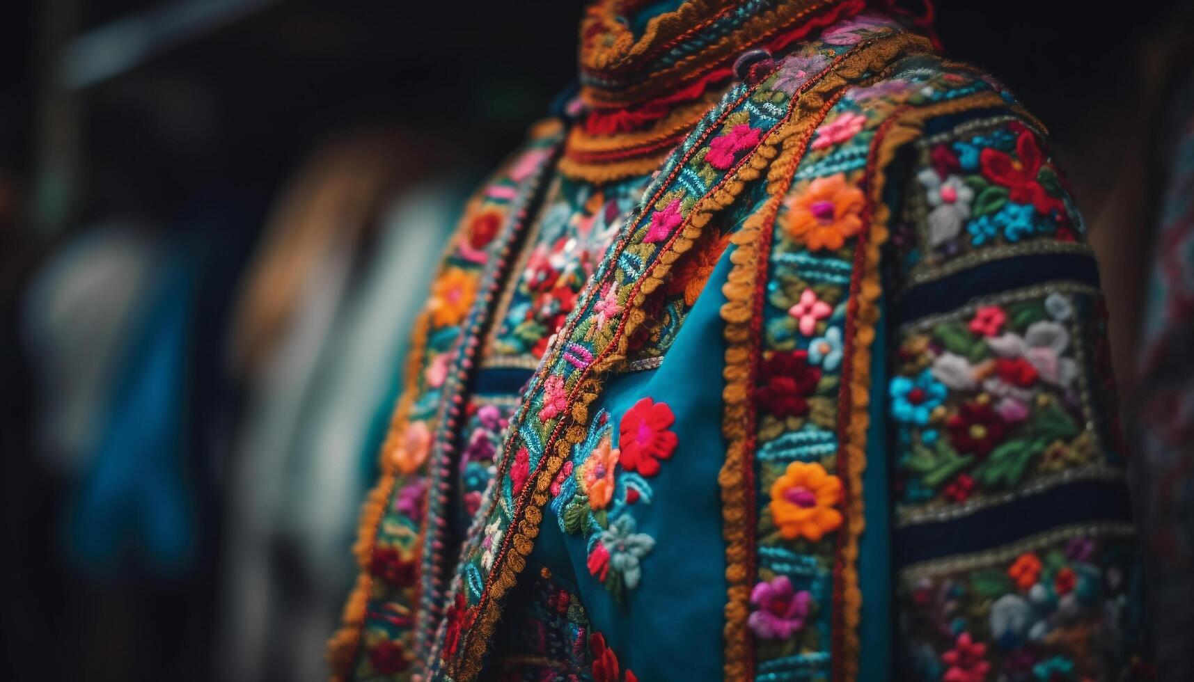 indígena cultura tejido dentro elegante, multi de colores tradicional ropa para hombres y mujer generado por ai foto