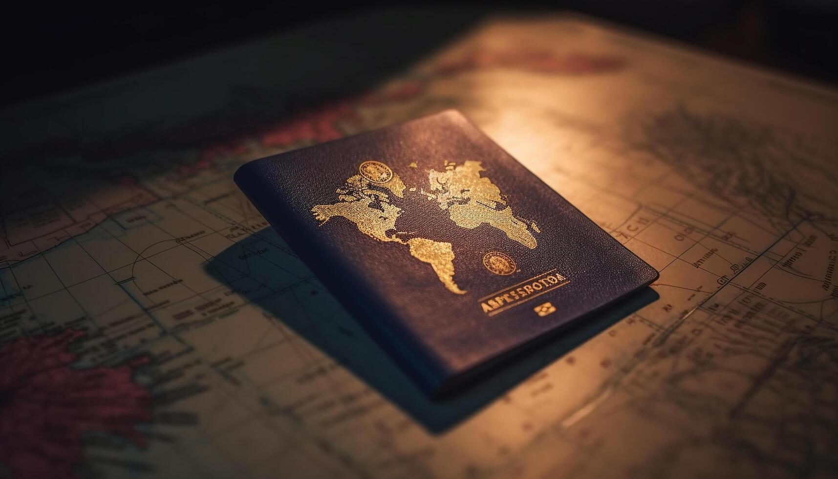 explorar el mundo con un Clásico mapa y pasaporte libro generado por ai foto