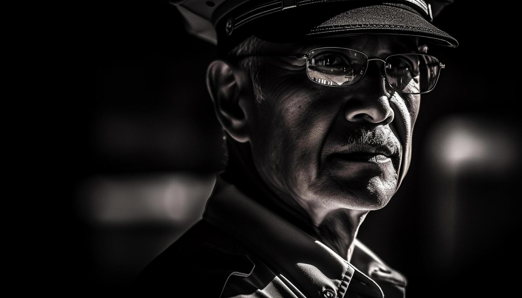 Confident musician in sunglasses, serious gaze, black and white headshot generated by AI photo