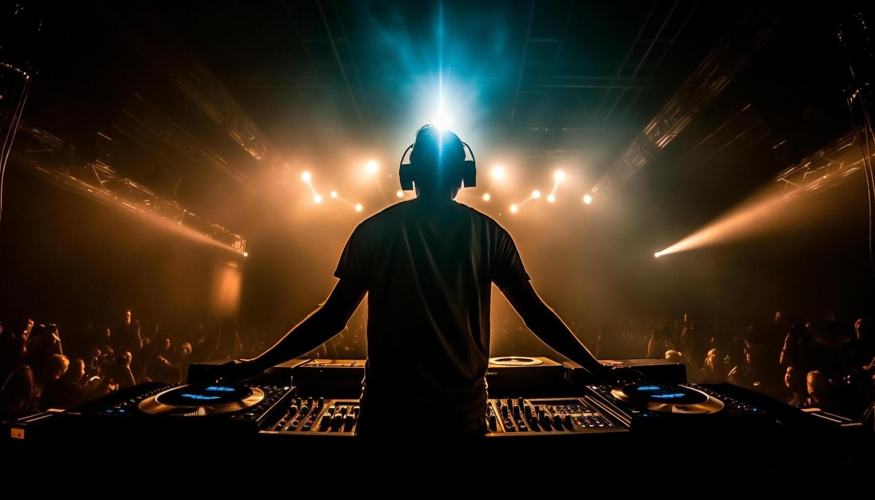 Men dancing in a nightclub, illuminated by stage lighting equipment generated by AI photo