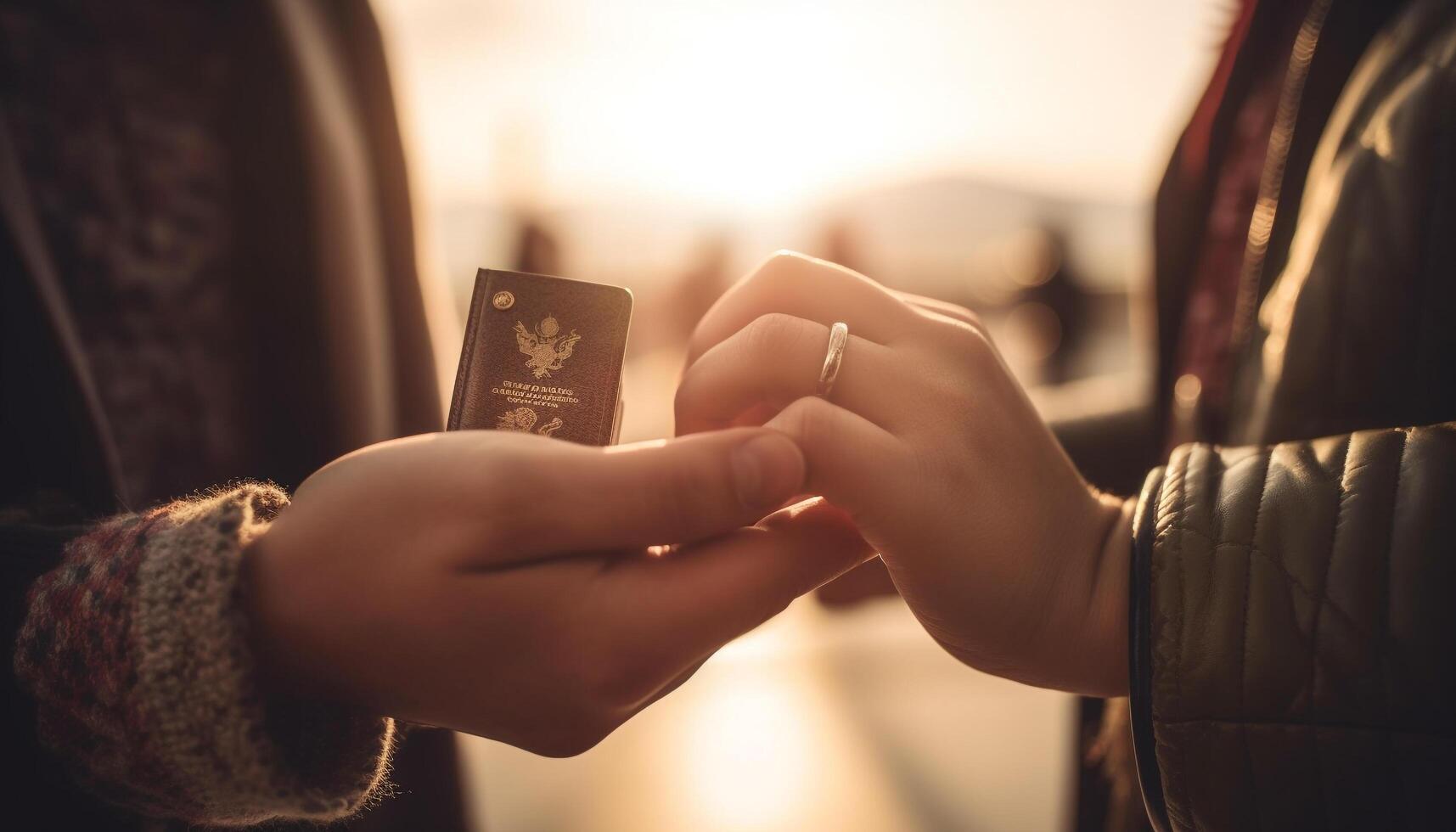 Two young adults holding hands, enjoying sunset and wireless texting generated by AI photo