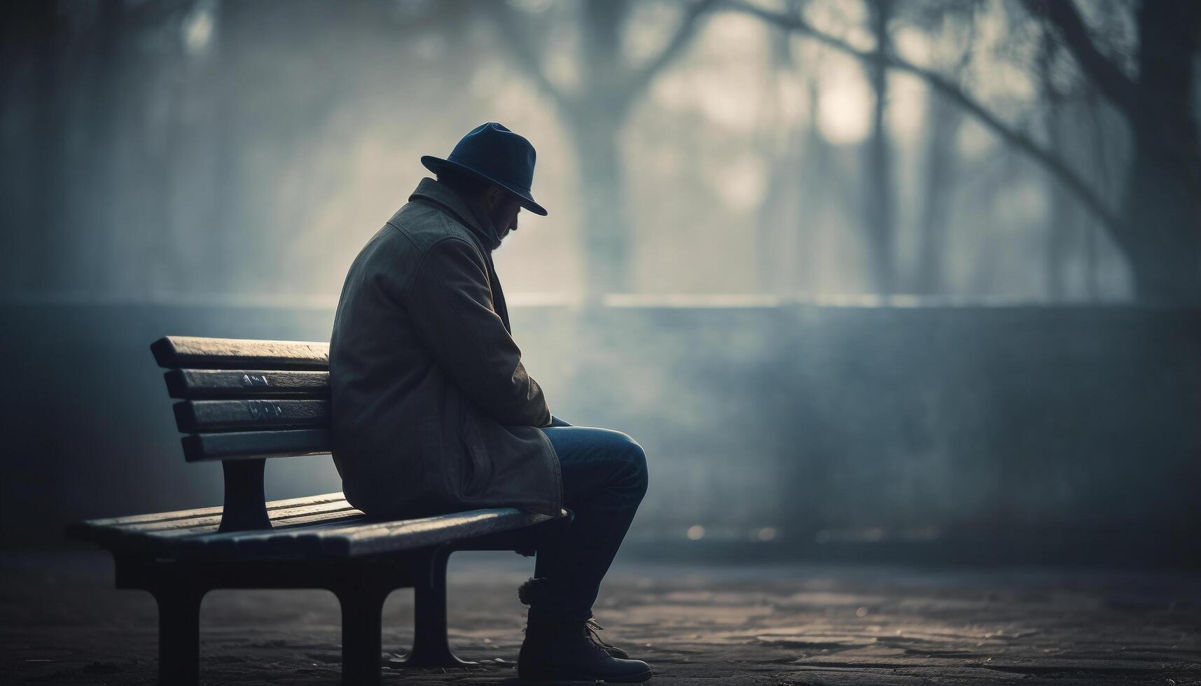 A lonely businessman sits on a bench, lost in thought generated by AI photo