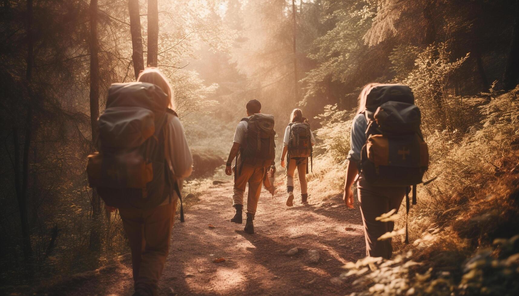 A group of backpackers hiking through the autumn forest together generated by AI photo
