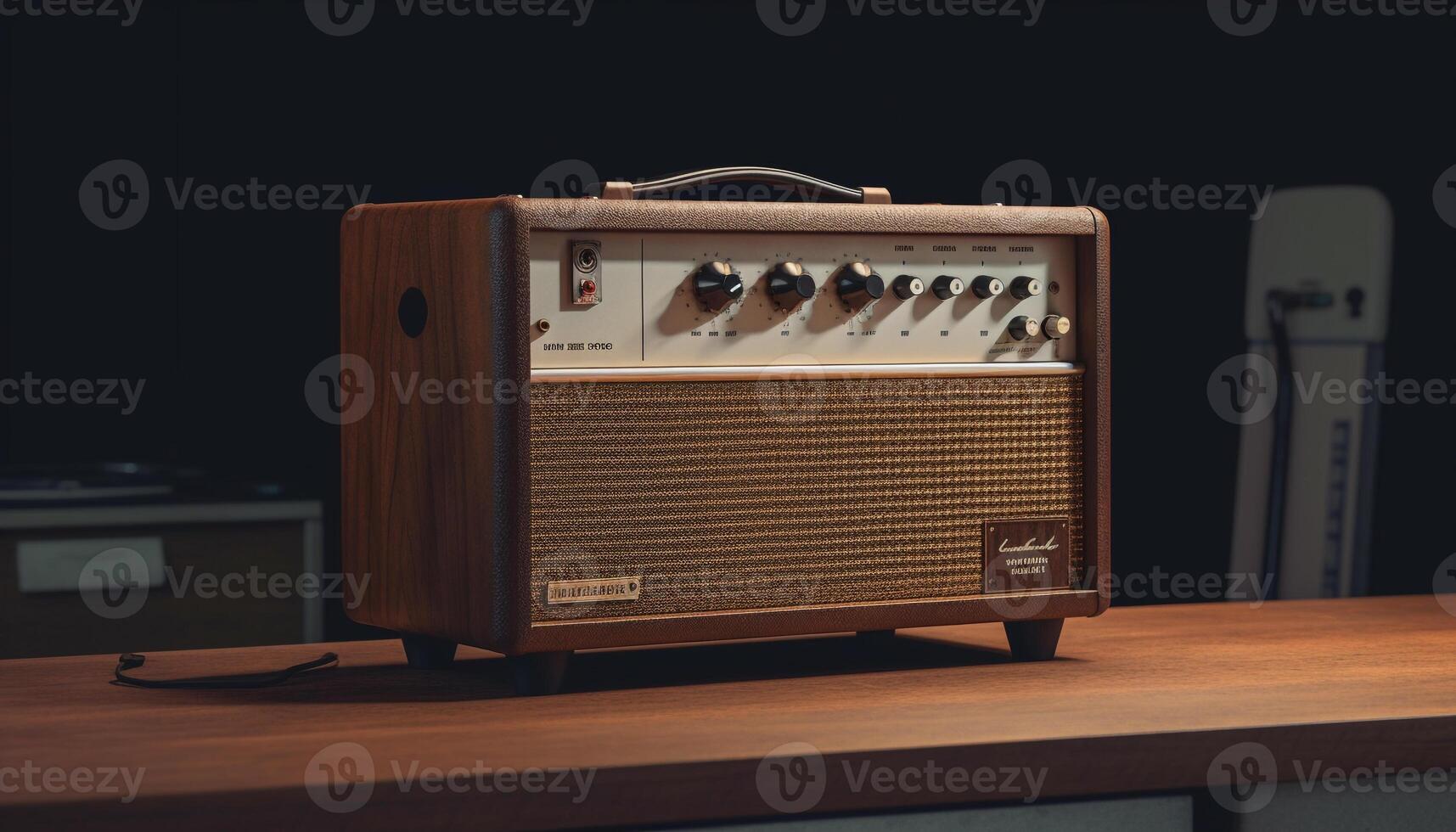 Obsolete analog stereo equipment with chrome knob and wooden table generated by AI photo