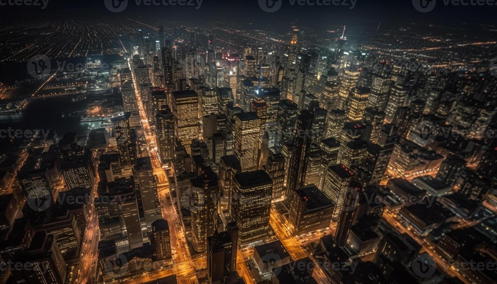 Modern city skyline glows with multi colored lights at dusk generated by AI photo