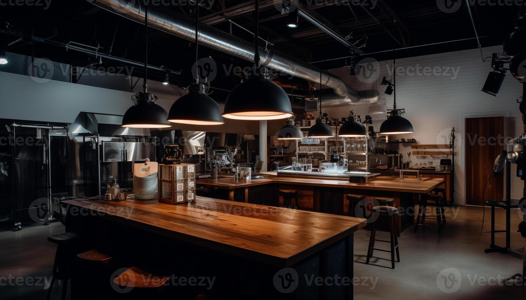 Modern luxury bar with elegant steel and wood design inside generated by AI photo