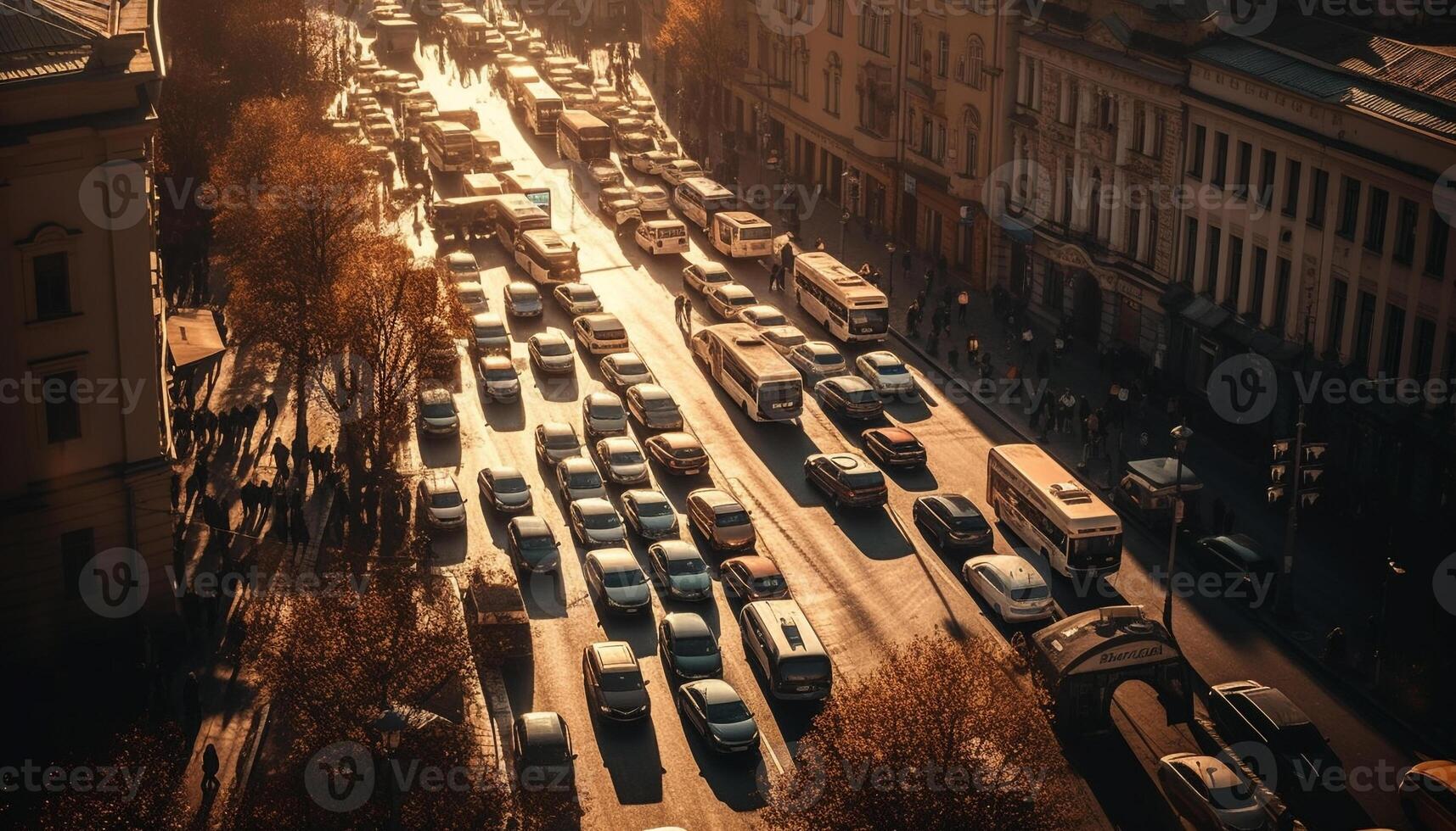 Beijing crowded streets illuminate with multi colored nightlife and traffic jam generated by AI photo